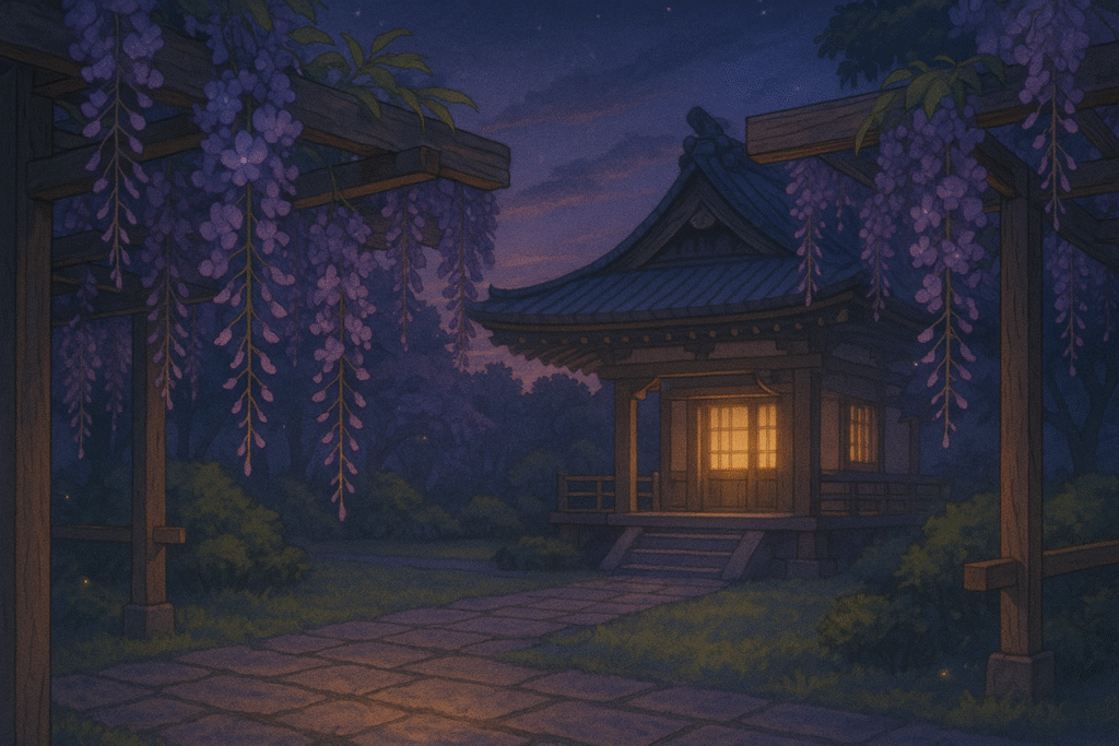 Discover the meaning of 'what is purple in Japanese' through this tranquil anime-style illustration of wisteria in bloom at a serene temple garden at dusk, symbolizing elegance and tradition.