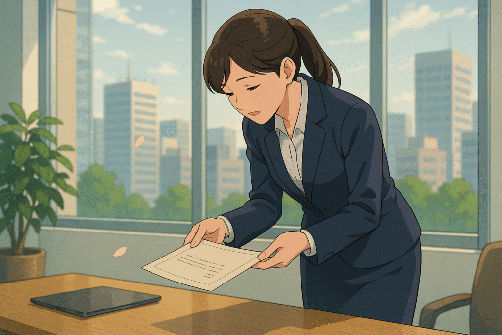 Discover the elegance of 'yori grammar' in Japanese through this refined anime-style image of a businesswoman bowing and presenting a document in a serene Tokyo office—language as graceful as her gesture.