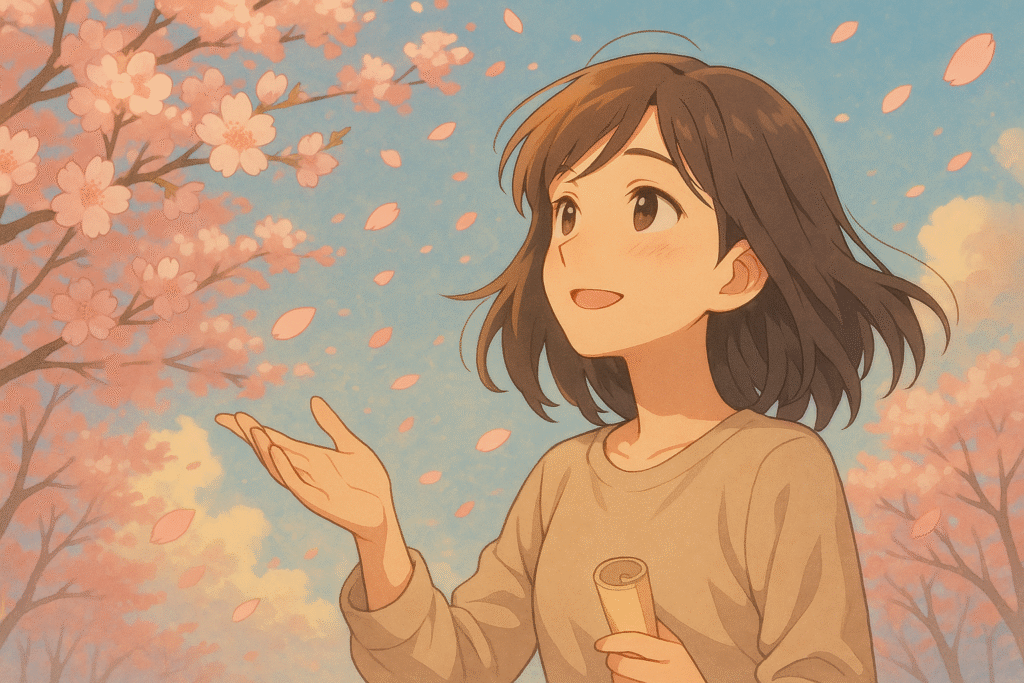 Understand the nuance of 'youna grammar' in Japanese through this dreamy anime-style illustration of a girl gazing at swirling cherry blossoms, lost in a memory that feels both real and imagined.