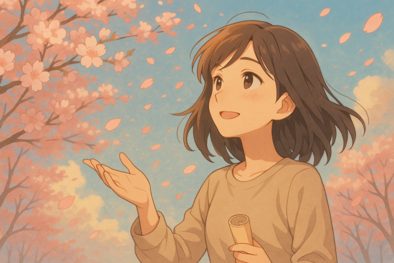Understand the nuance of 'youna grammar' in Japanese through this dreamy anime-style illustration of a girl gazing at swirling cherry blossoms, lost in a memory that feels both real and imagined.