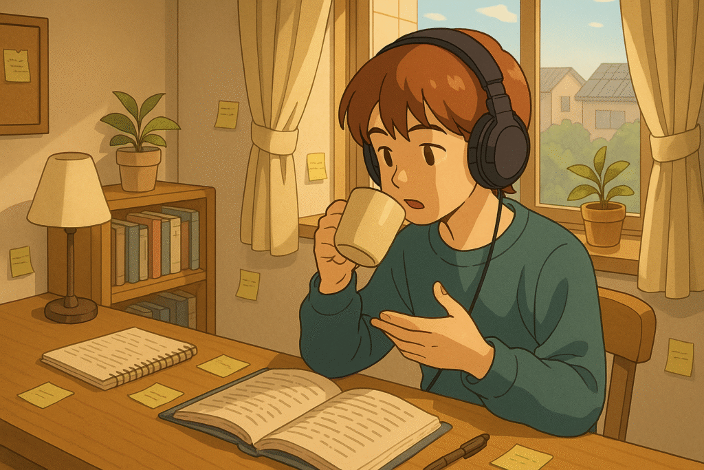 Visualize the use of the て form in Japanese with this cozy anime-style scene of a student studying, sipping tea, and listening to audio—perfectly capturing multiple actions happening at once.